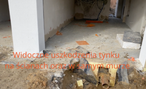 Kurs wilgotny tynk Widoczne uszkodzenia tynku na ścianach oraz w samym murze Widoczne uszkodzenia tynku na ścianach oraz w samym murze